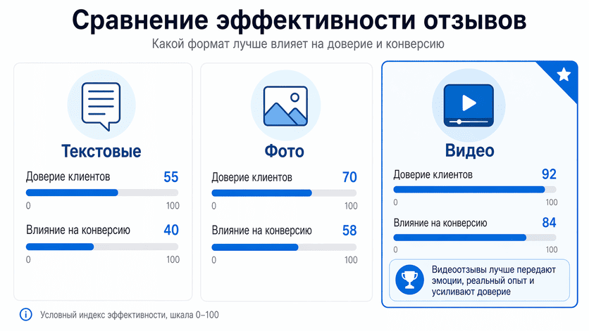 Сравнение эффективности текстовых, фото и видеоотзывов по метрикам доверия и конверсии