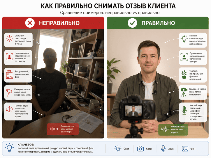 Пример правильной и неправильной организации съемки видеоотзыва