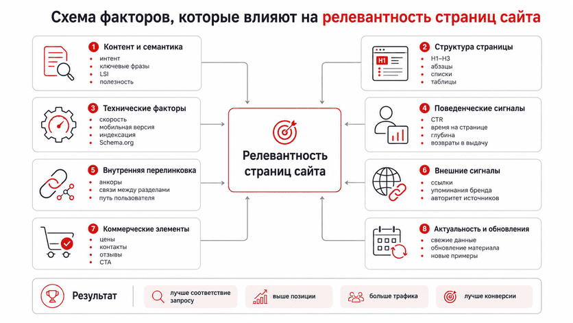 Схема факторов, которые влияют на релевантность страниц сайта