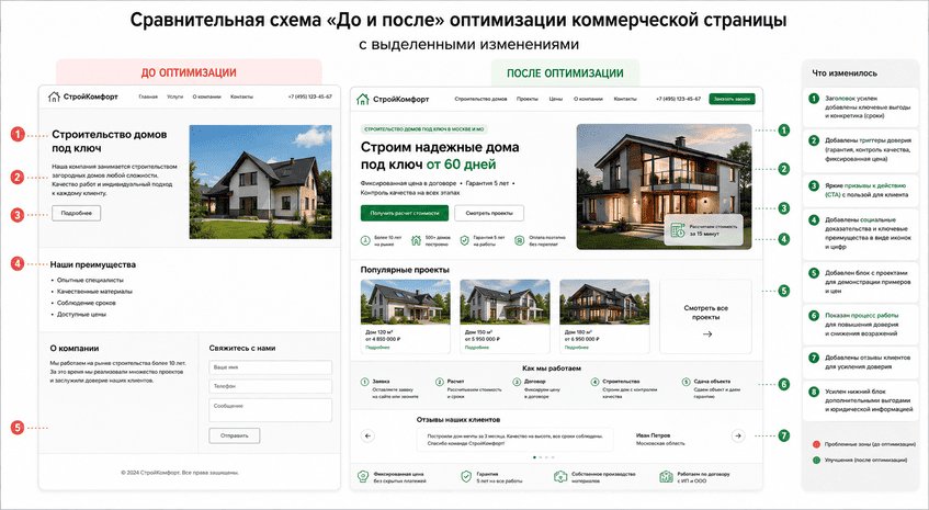 Сравнительная схема «До и после» оптимизации коммерческой страницы с выделенными изменениями
