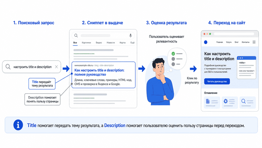 Воронка от поискового запроса до перехода на сайт через title и description