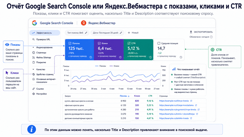 Отчёт Google Search Console или Яндекс.Вебмастера с показами, кликами и CTR