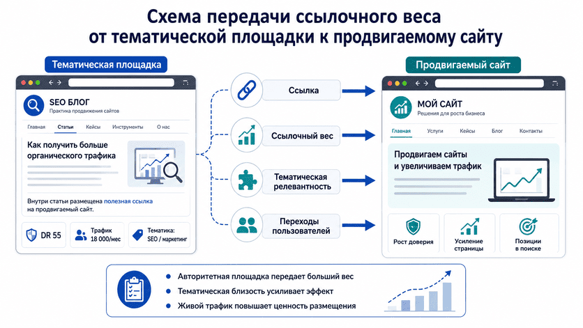 Схема передачи ссылочного веса от тематической площадки к продвигаемому сайту