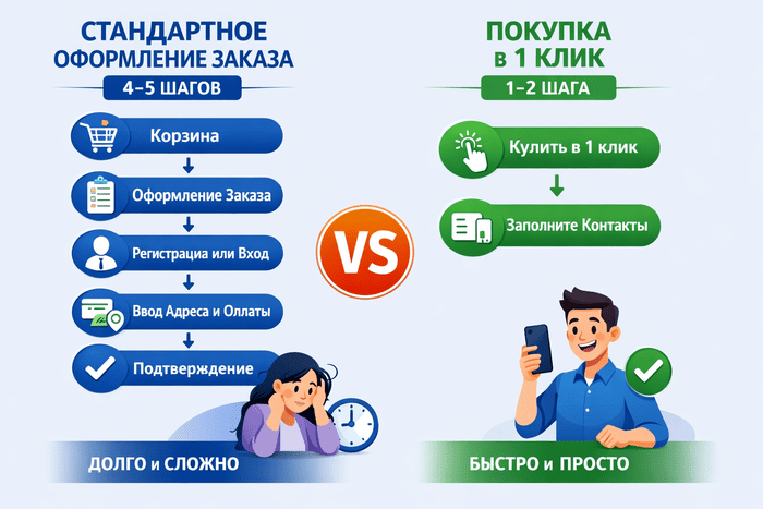 Инфографика: сравнение стандартного оформления заказа и покупки в 1 клик