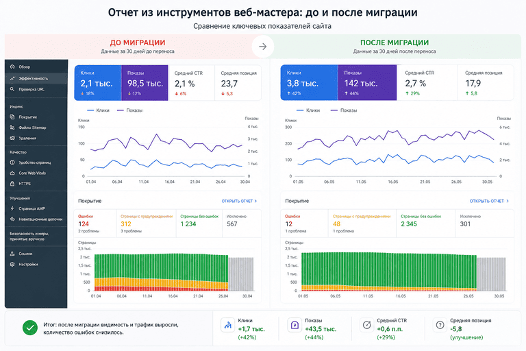 Пример отчета из инструментов веб-мастера до и после миграции