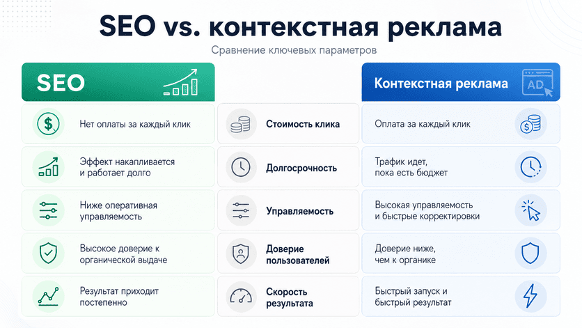 SEO vs. контекстная реклама: сравнение ключевых параметров