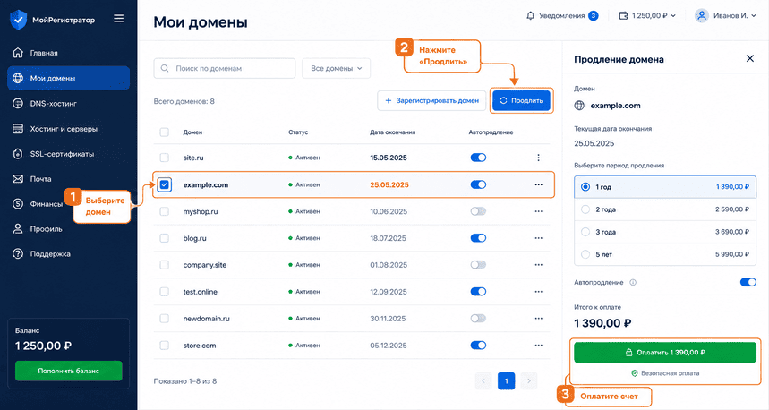 Пример интерфейса личного кабинета для продления домена