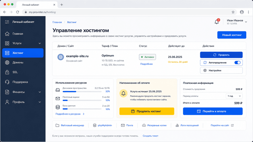 Пример раздела управления хостингом в личном кабинете провайдера