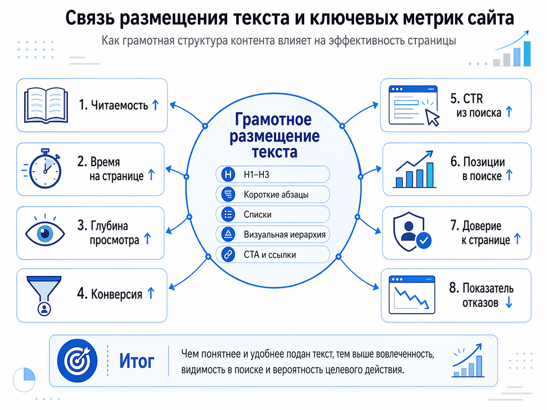 Инфографика, показывающая связь между размещением текста и ключевыми метриками сайта