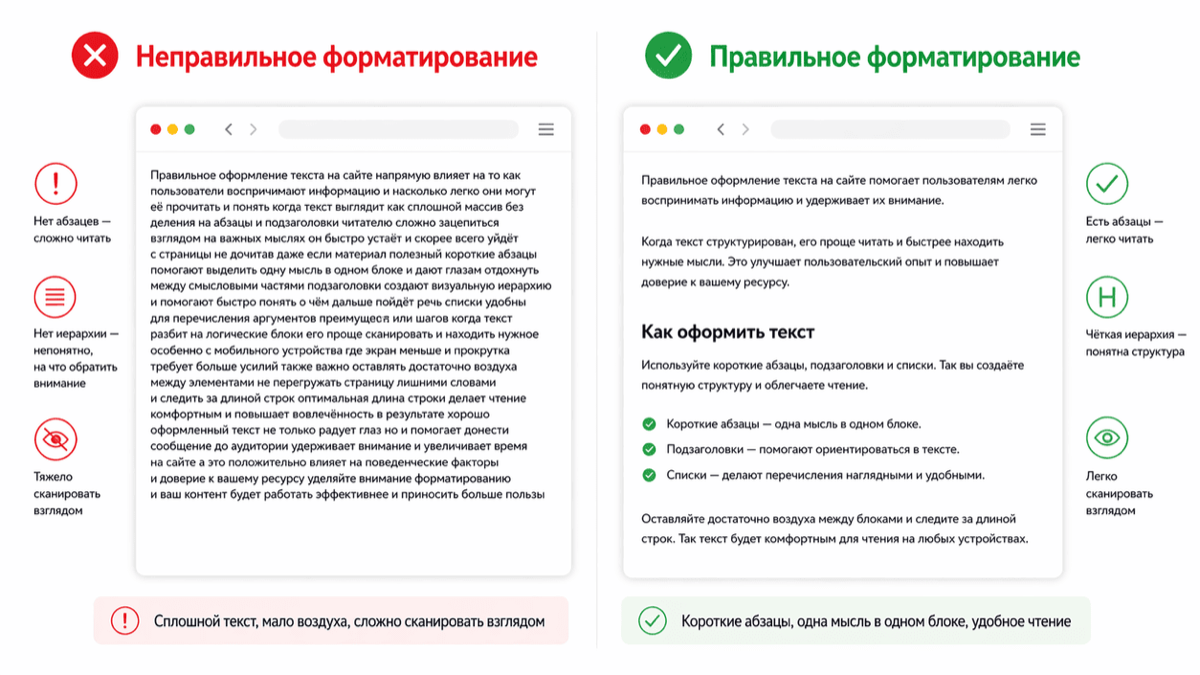 Пример текста с правильным и неправильным форматированием абзацев