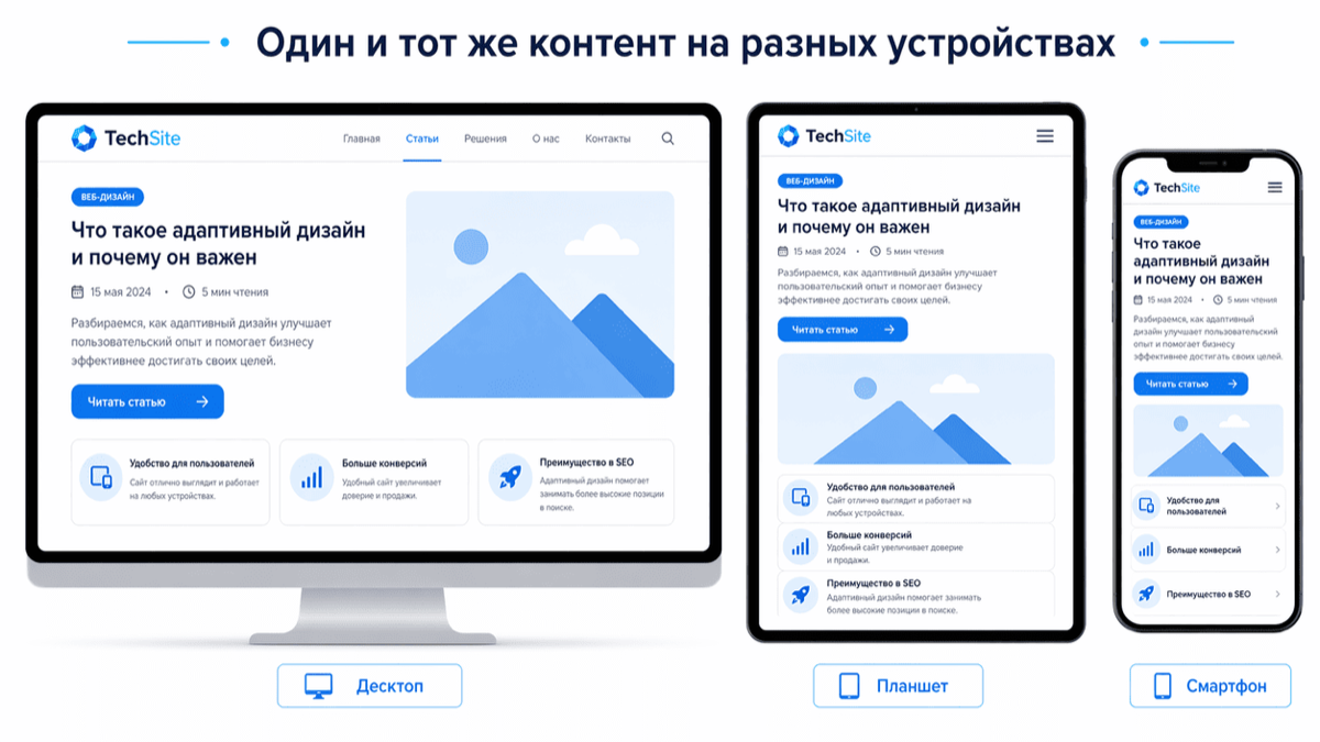 Изображение адаптивного контента на десктопе, планшете и смартфоне