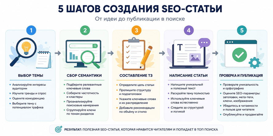 Инфографика с пятью шагами создания SEO-статьи