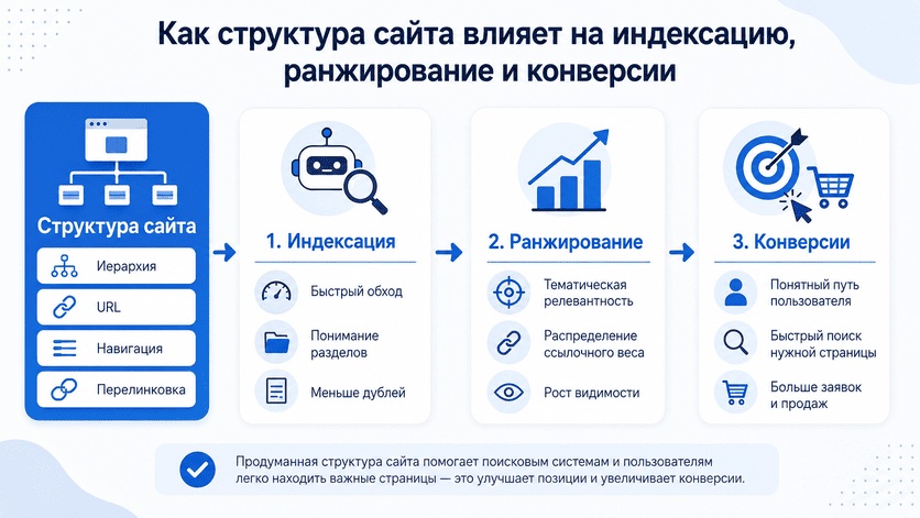 Схема влияния структуры сайта на индексацию, ранжирование и конверсии