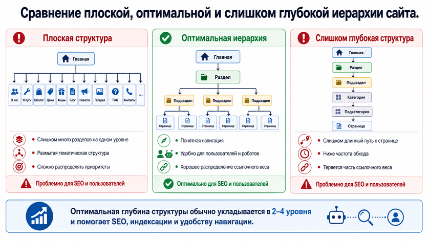 Сравнение плоской, оптимальной и слишком глубокой структуры сайта