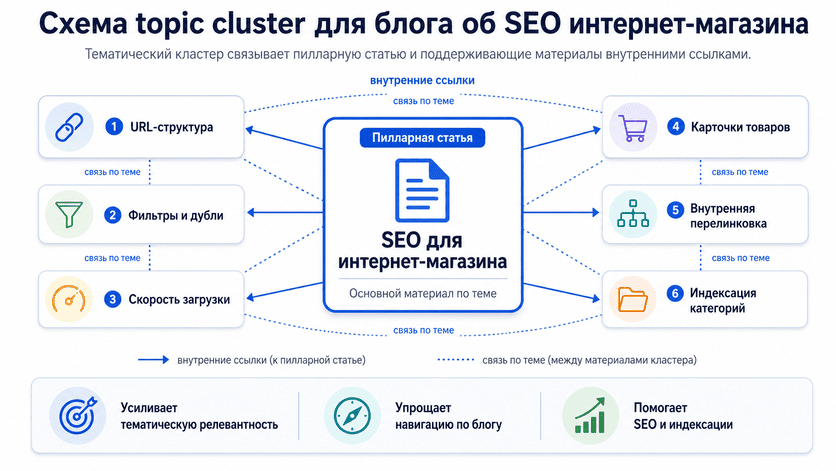 Схема topic cluster для блога об SEO интернет-магазина