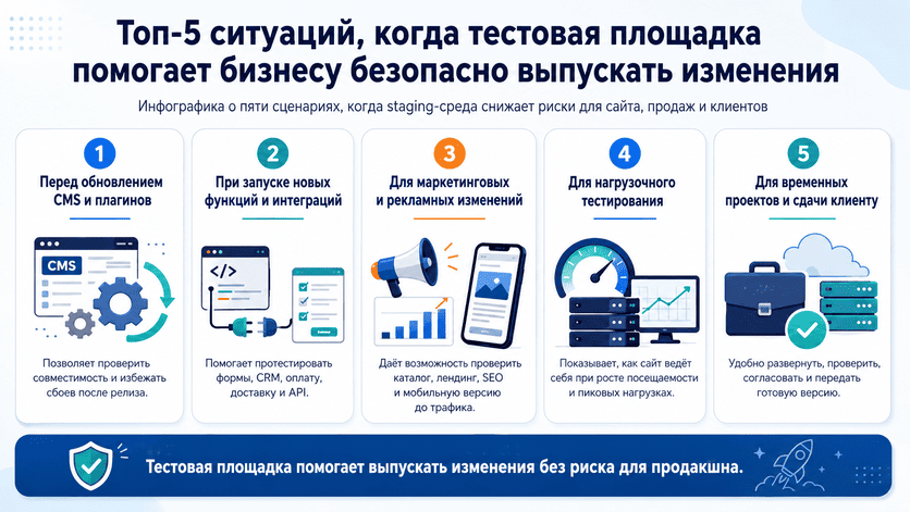 Инфографика о пяти ситуациях, когда тестовая площадка помогает бизнесу безопасно выпускать изменения