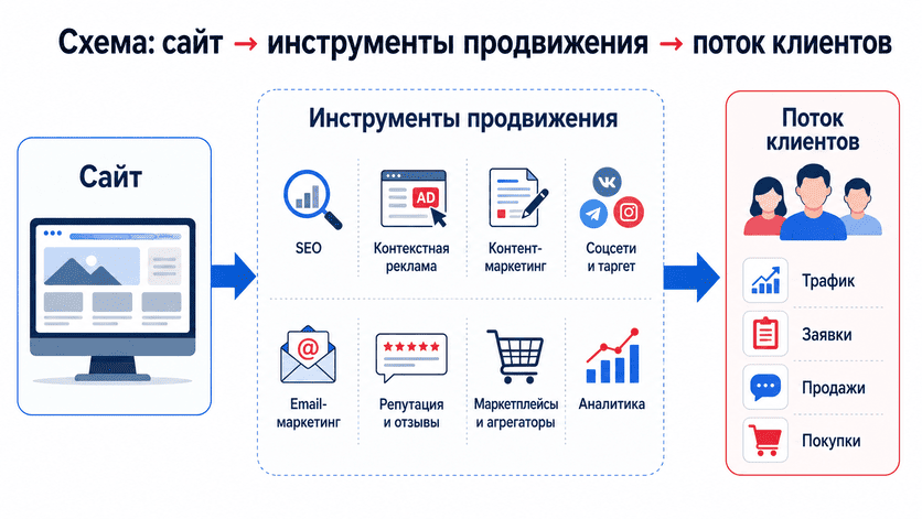 Схема пути от сайта через инструменты продвижения к потоку клиентов