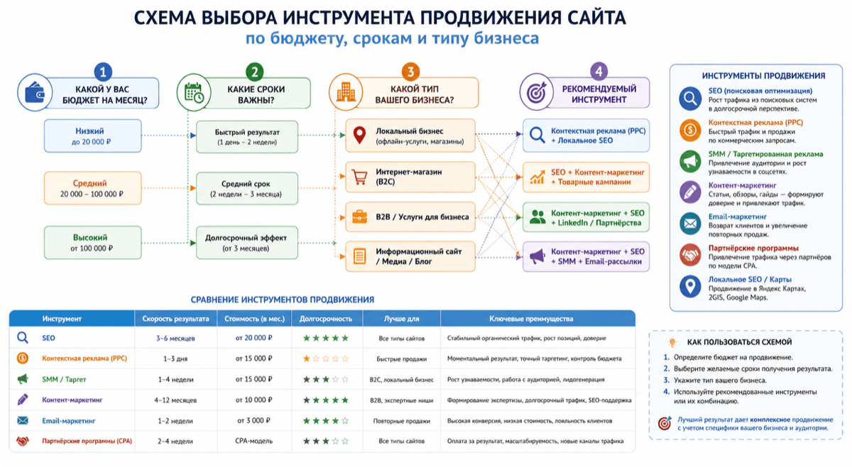 Схема выбора инструмента продвижения сайта по бюджету, срокам и типу бизнеса
