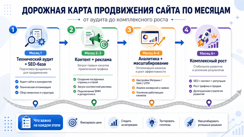 Дорожная карта продвижения сайта по месяцам от аудита до комплексного роста