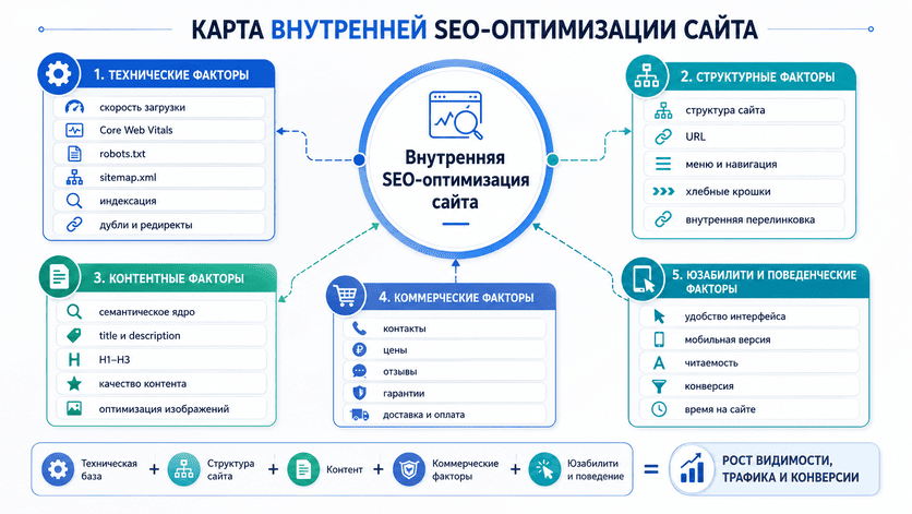 Карта внутренней SEO-оптимизации сайта с техническими, контентными, структурными и коммерческими факторами