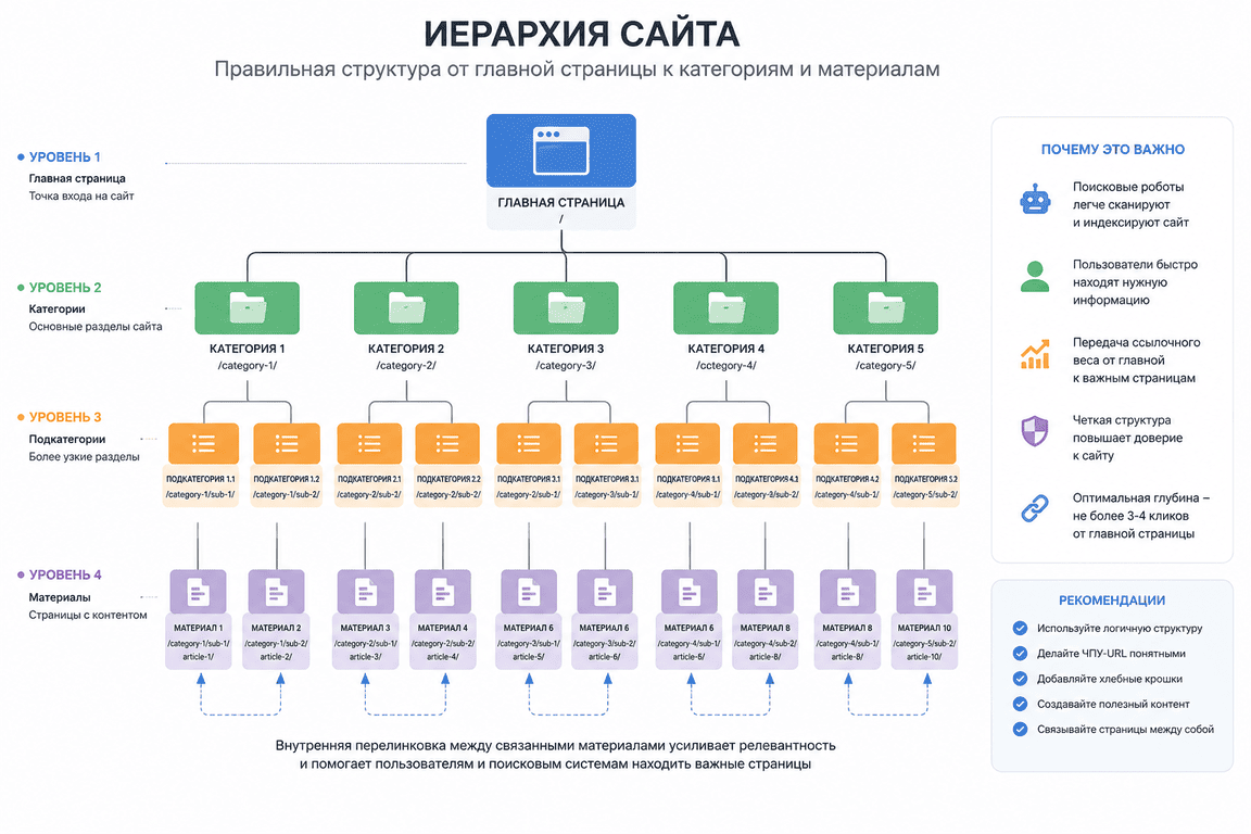 Схема правильной иерархии сайта от главной страницы к категориям и материалам