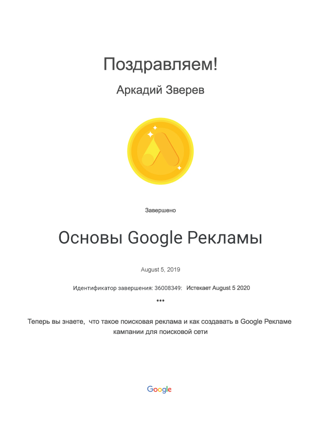 Основы Google Рекламы, Аркадий Зверев, 2019