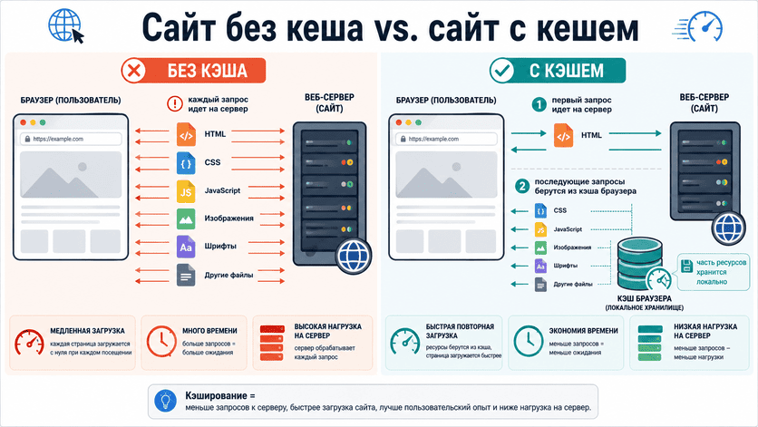 Схема сравнения сайта без кэширования и сайта с кешированием