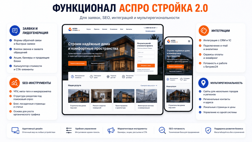Функционал Аспро Стройка 2.0 для заявок, SEO, интеграций и мультирегиональности