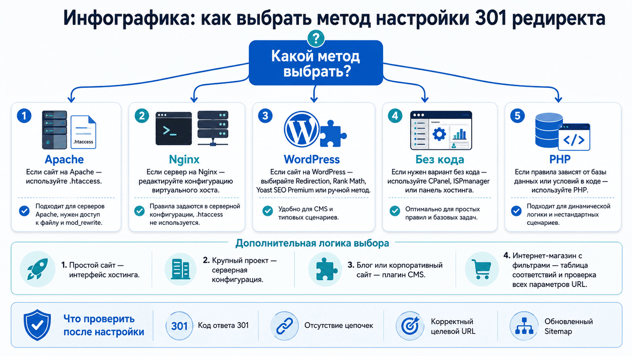 Инфографика с деревом выбора метода настройки 301 редиректа