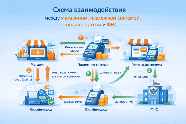 Схема взаимодействия между магазином, платежной системой, онлайн-кассой и ФНС