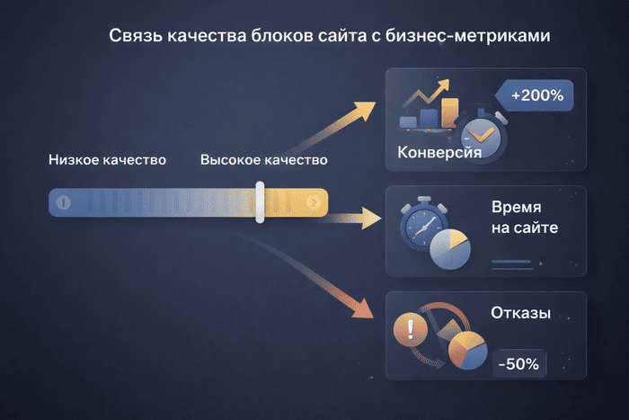 Инфографика: взаимосвязь качества блоков сайта с конверсией, временем на сайте и отказами