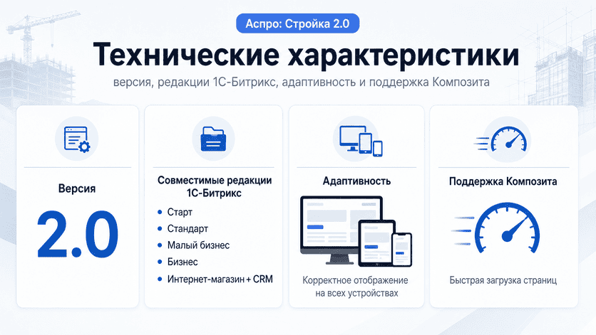 Технические характеристики решения Аспро Стройка 2.0 на 1С-Битрикс