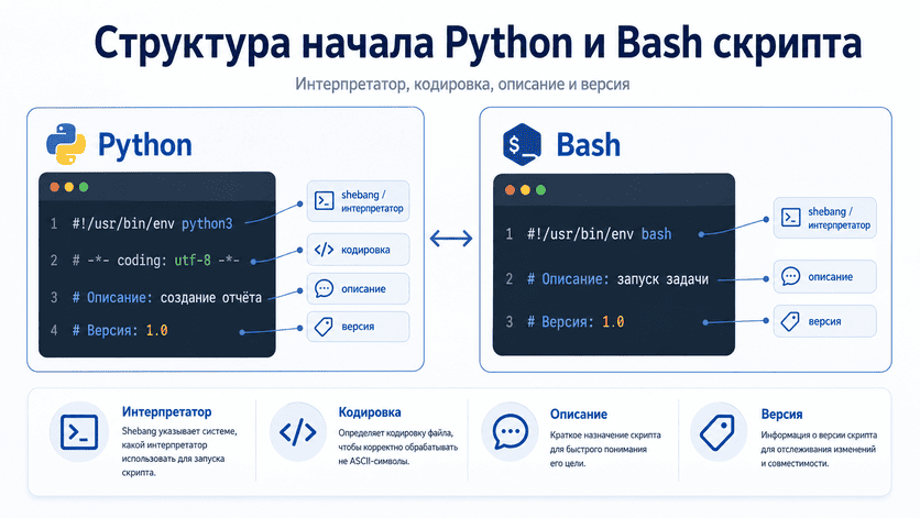 Схема структуры начала Python и Bash скрипта: интерпретатор, кодировка, описание и версия