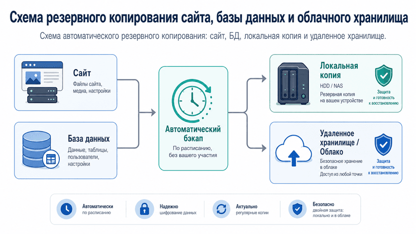 Схема резервного копирования сайта, базы данных и облачного хранилища