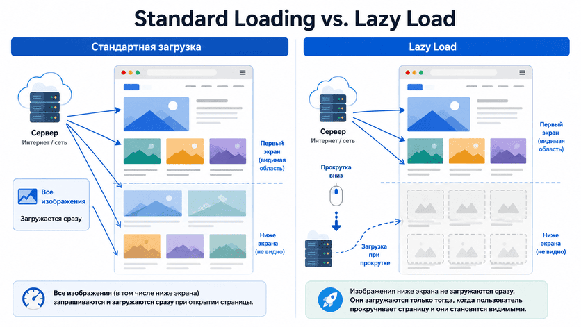 Сравнение стандартной загрузки изображений и lazy load: файлы первого экрана загружаются сразу, а контент ниже экрана — при прокрутке