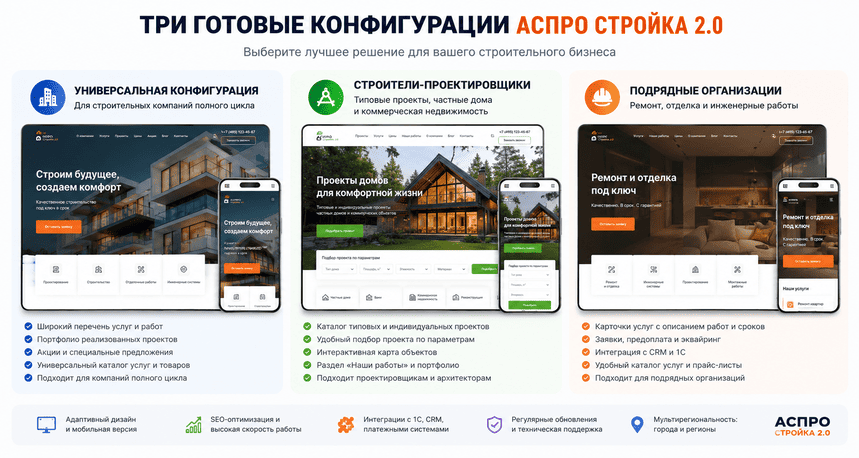 Три готовые конфигурации Аспро Стройка 2.0 для строительного бизнеса