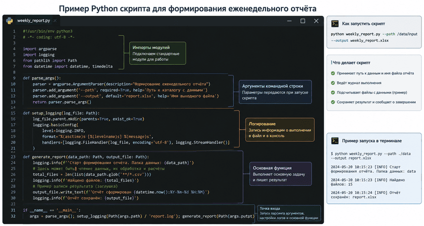 Пример Python скрипта для формирования еженедельного отчёта с импортами, аргументами и логированием