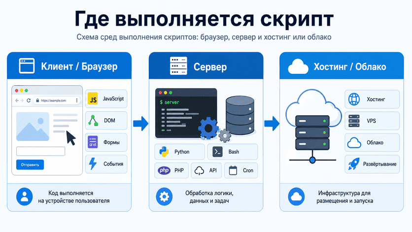 Схема сред выполнения скриптов: браузер, сервер и хостинг или облако