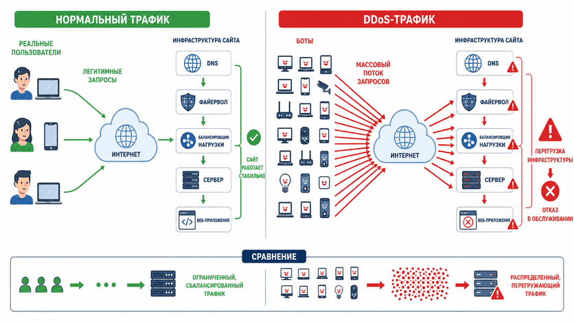 Схема сравнения нормального трафика и DDoS-трафика