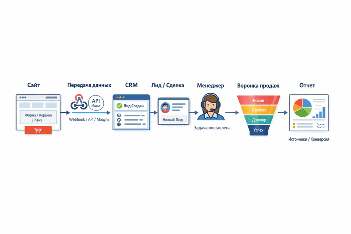 Схема потока данных от формы на сайте до сделки в CRM