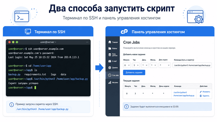Терминал с командой запуска Python скрипта и интерфейс cPanel с разделом Cron Jobs