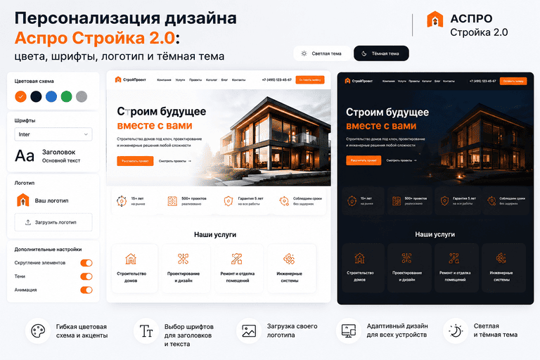Персонализация дизайна Аспро Стройка 2.0: цвета, шрифты, логотип и тёмная тема