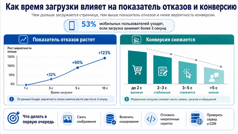 Как время загрузки влияет на показатель отказов и конверсию