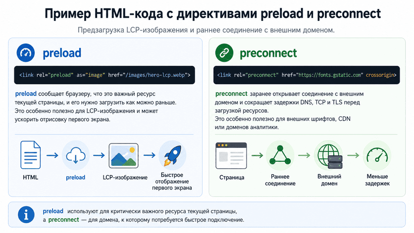 Пример HTML-кода с директивами preload и preconnect