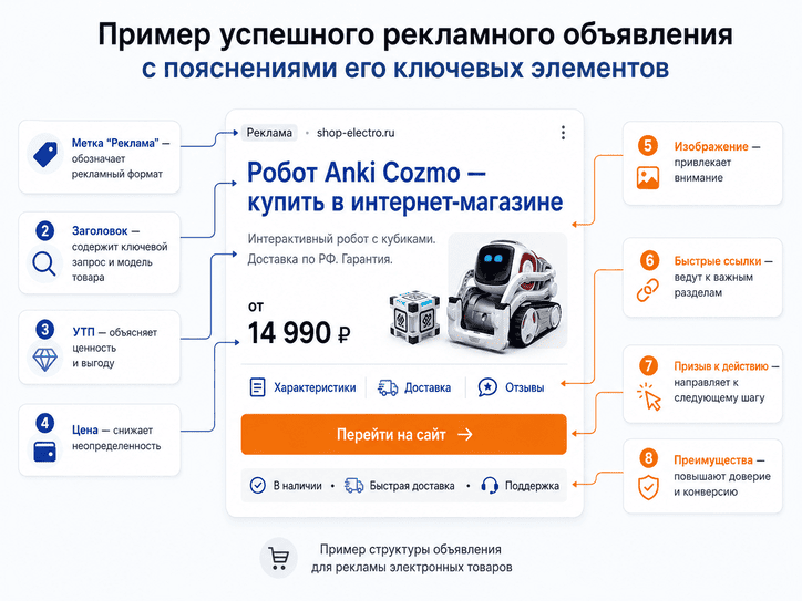 Пример успешного рекламного объявления Anki Cozmo с пояснениями ключевых элементов